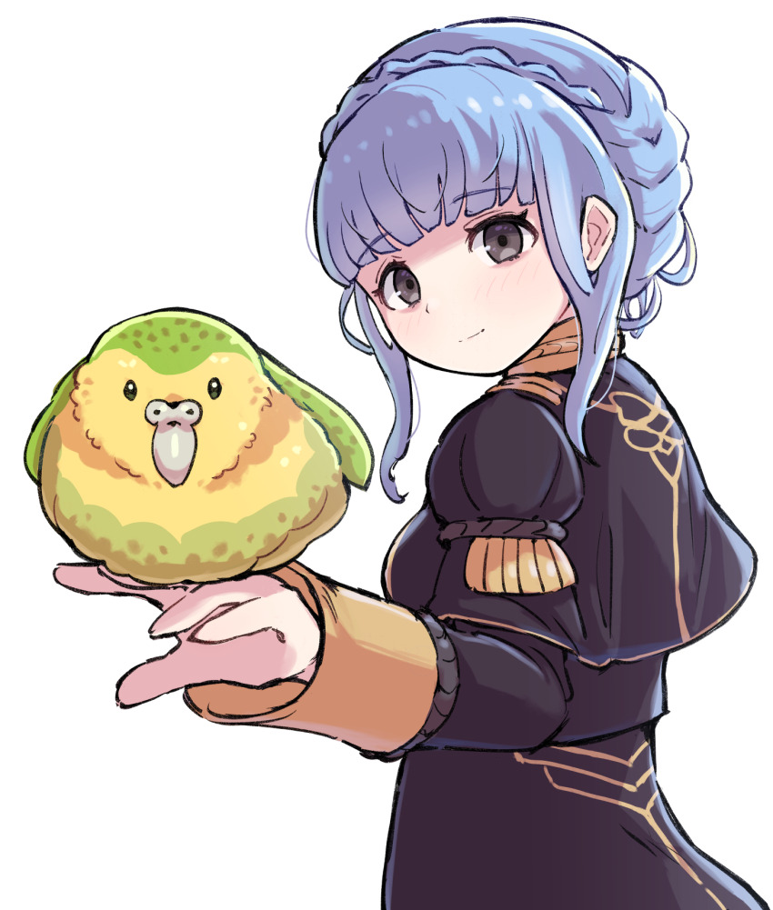 1girl, bird, bird_on_hand, blue_hair, blunt_bangs, braid, commentary_request, crown_braid