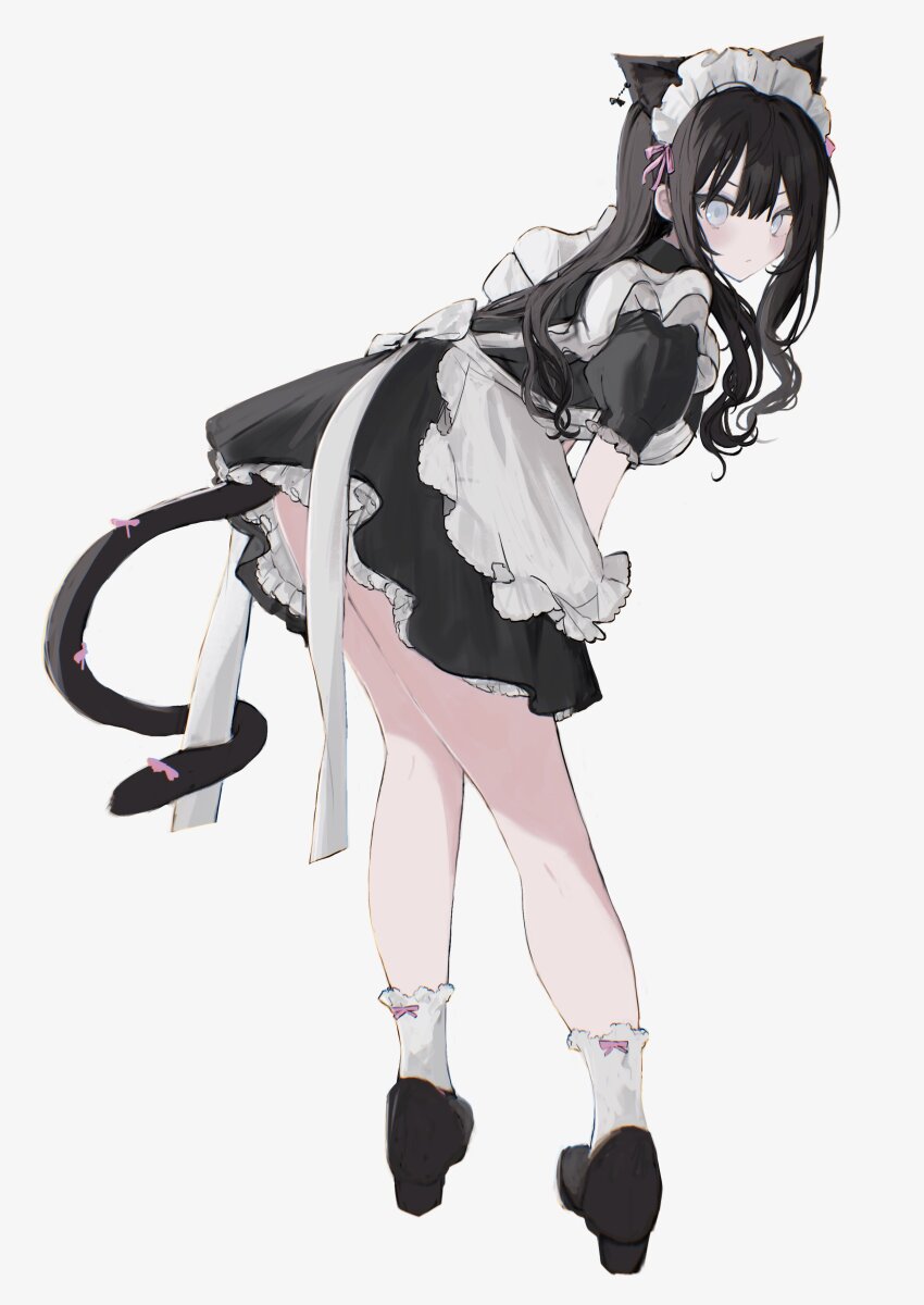 >:(, 1girl, absurdres, animal_ears, apron, black_dress, black_footwear, black_hair