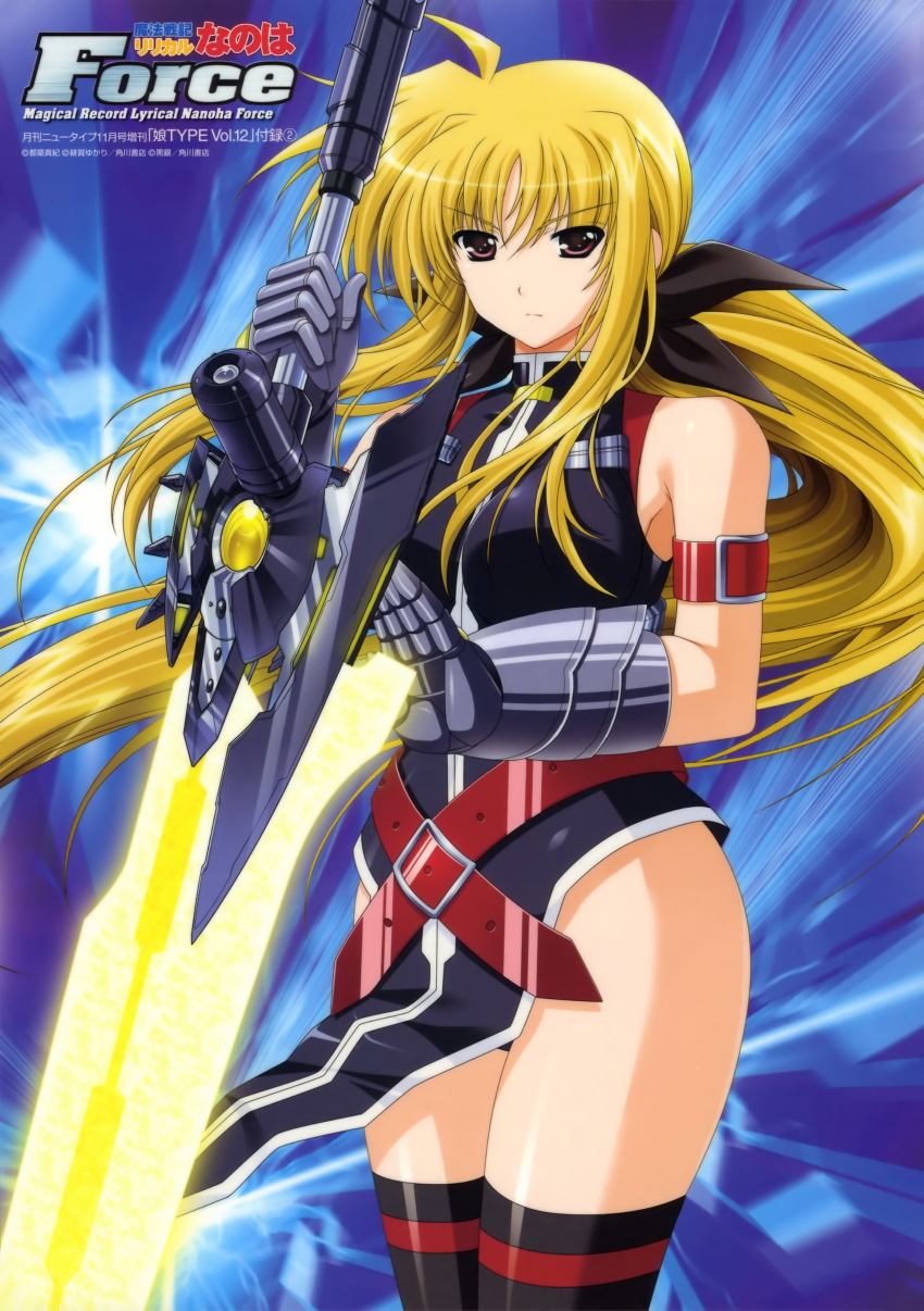 00s, 1girl, absurdres, armor, bardiche_(nanoha), bardiche_(riot_blade_ii)_(nanoha), blonde_hair, energy_sword, fate_testarossa, fate_testarossa_(true_sonic_form), female_focus, gauntlets, gloves, higa_yukari, highres, long_hair, lyrical_nanoha, mahou_senki_lyrical_nanoha_force, mahou_shoujo_lyrical_nanoha, non-web_source, nyantype, official_art, red_eyes, solo, sword, thighhighs, very_long_hair, weapon