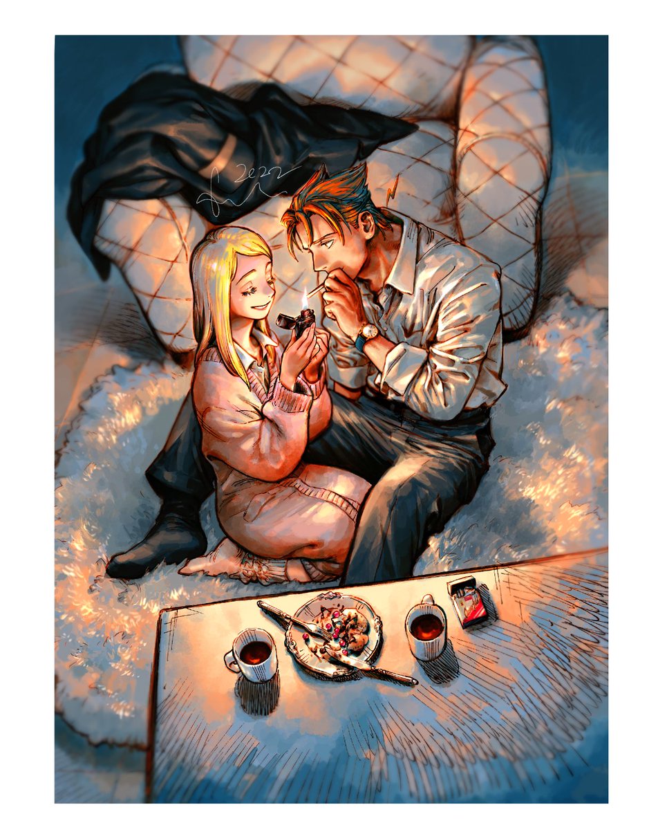 1boy, 1girl, alexander_(veil), black_coat, black_pants, blonde_hair, carpet, cigarette