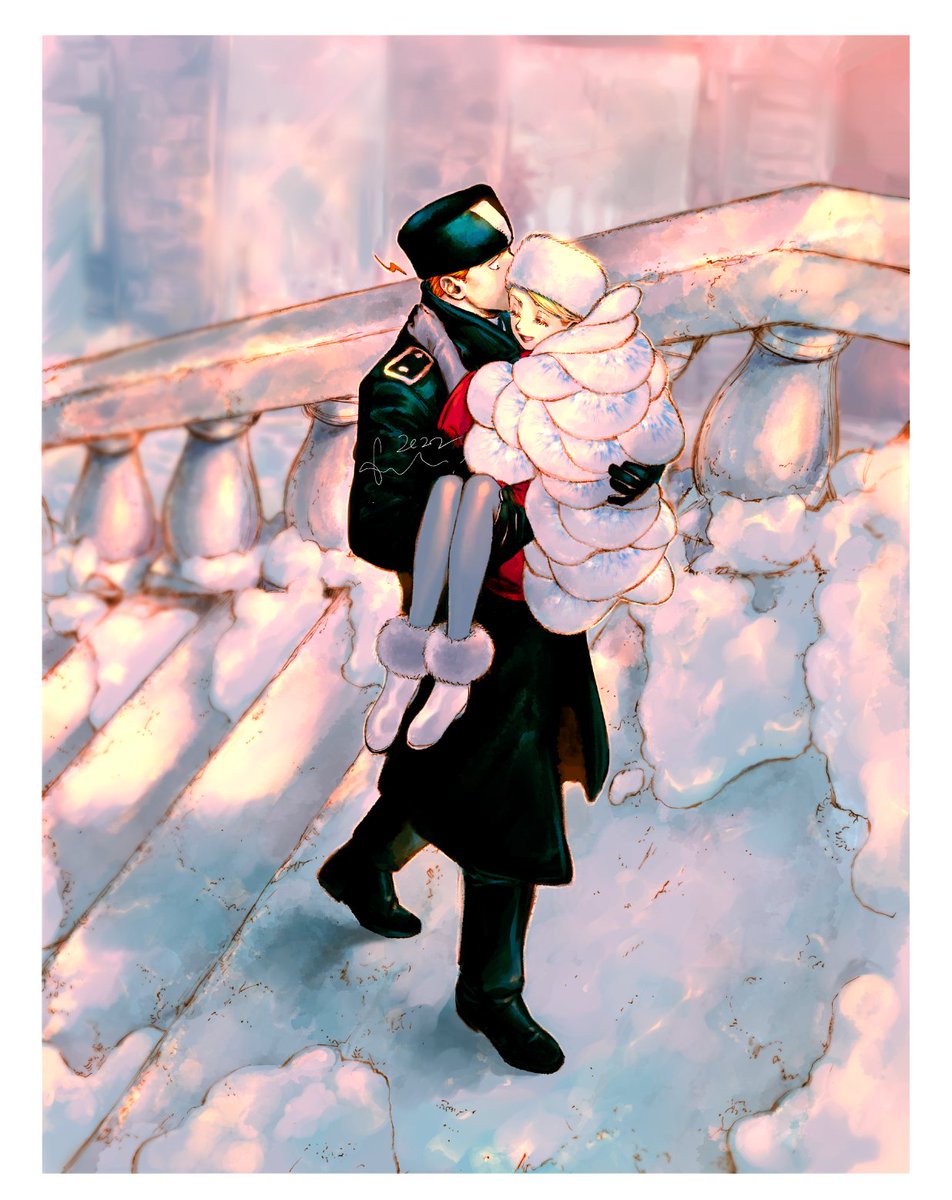 1boy, 1girl, alexander_(veil), black_coat, black_footwear, black_pants, blonde_hair, carrying