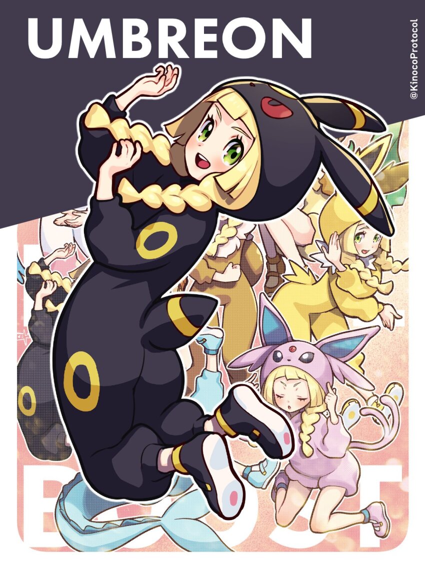 6+girls, :d, :o, animal_ears, ass, blonde_hair, blunt_bangs, blush, braid, commentary_request, cosplay, eevee, eevee_(cosplay), espeon, espeon_(cosplay), eyelashes, flareon, flareon_(cosplay), gen_1_pokemon, gen_2_pokemon, gen_4_pokemon, gen_6_pokemon, glaceon, glaceon_(cosplay), green_eyes, hands_up, highres, index_fingers_raised, jolteon, jolteon_(cosplay), kinocopro, leafeon, leafeon_(cosplay), lillie_(pokemon), long_hair, looking_at_viewer, multiple_girls, multiple_persona, nintendo, onesie, open_mouth, outline, own_hands_together, pokemon, pokemon_sun_and_moon, pokemon_tail, shoes, smile, sylveon, sylveon_(cosplay), tail, twin_braids, twitter_username, umbreon, umbreon_(cosplay), vaporeon, vaporeon_(cosplay), z-move_trainer_pose