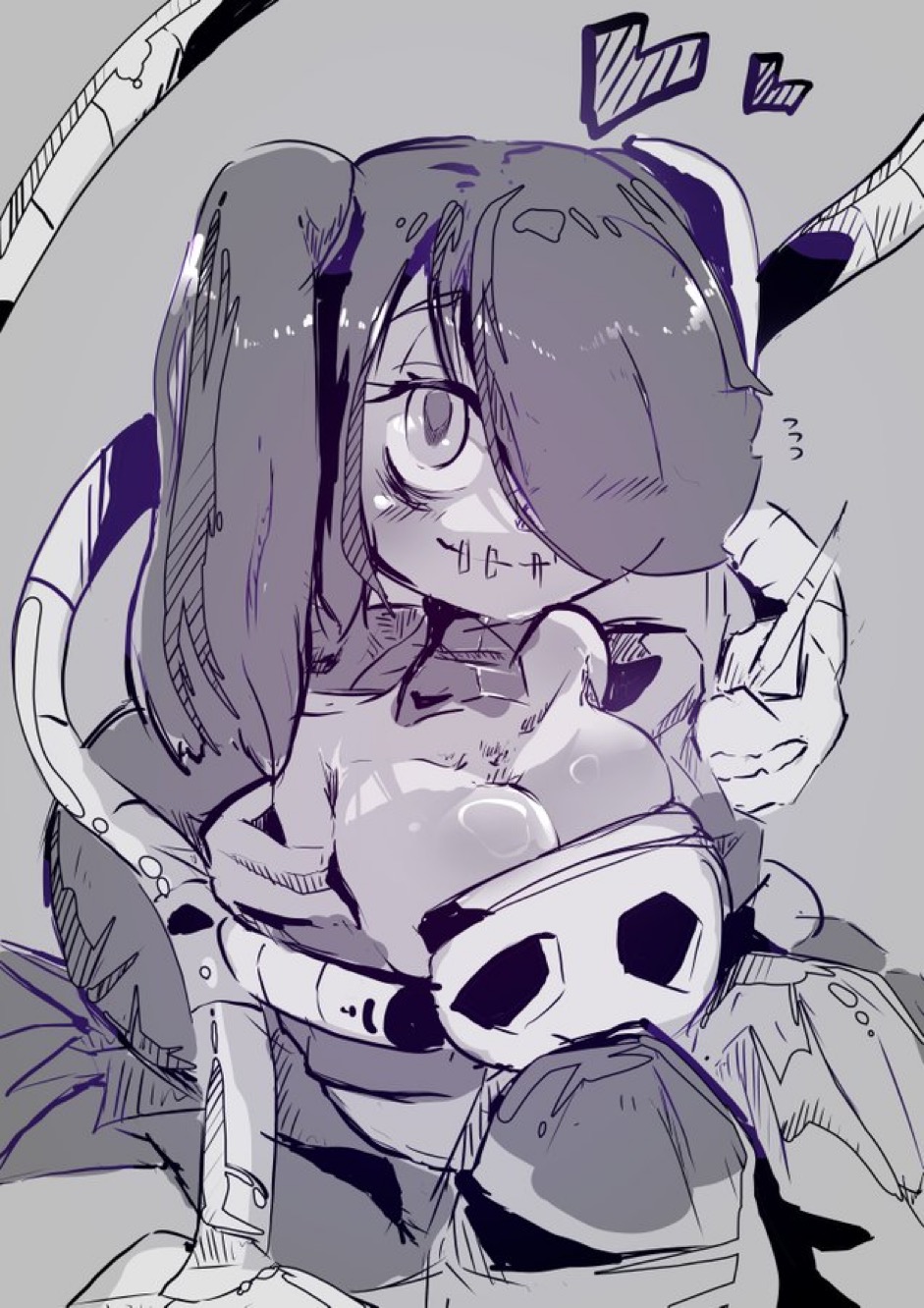 1girl, all_fours, bare_shoulders, breasts, cleavage, closed_mouth, commentary, detached_collar, detached_sleeves, flying_sweatdrops, grey_background, greyscale, hair_over_one_eye, heart, highres, large_breasts, leviathan_(skullgirls), long_hair, medium_breasts, monochrome, object_through_head, side_ponytail, simple_background, skull, skullgirls, sleeves_past_fingers, sleeves_past_wrists, smile, solo, squigly_(skullgirls), stitched_mouth, stitches, striped_sleeves, udontamago01, zombie