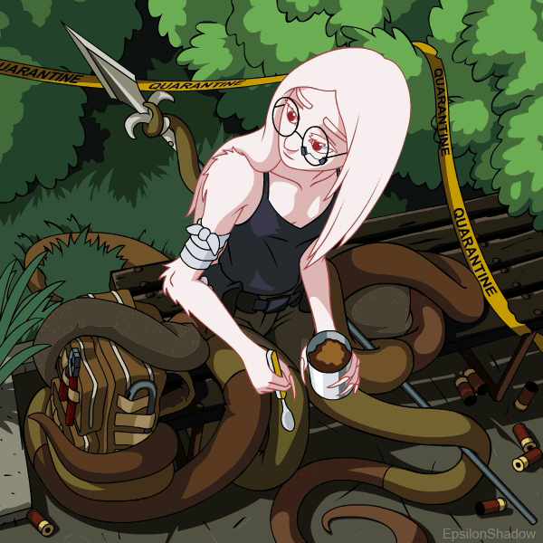 ammunition, animated, animated_gif, artist_name, bag, bandaged_arm, bandages, bench, black_camisole, blinking, breasts, broken_glass, bush, camisole, can, caution_tape, claws, colored_skin, eating, epsilonshadow, food, glass, glasses, grass, holding, holding_can, holding_spoon, holding_weapon, looking_down, looking_to_the_side, lydia_oths, monster_girl, mutant, original, pink_eyes, pink_fur, pink_hair, pink_skin, pliers, polearm, shotgun_shell, small_breasts, spear, spoon, tape, tentacle_girl, tentacles, weapon