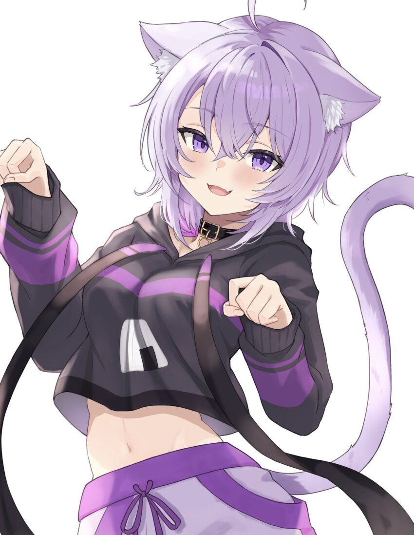 1girl, ahoge, animal_ears, black_collar, black_hoodie, cat_ears, cat_tail, collar