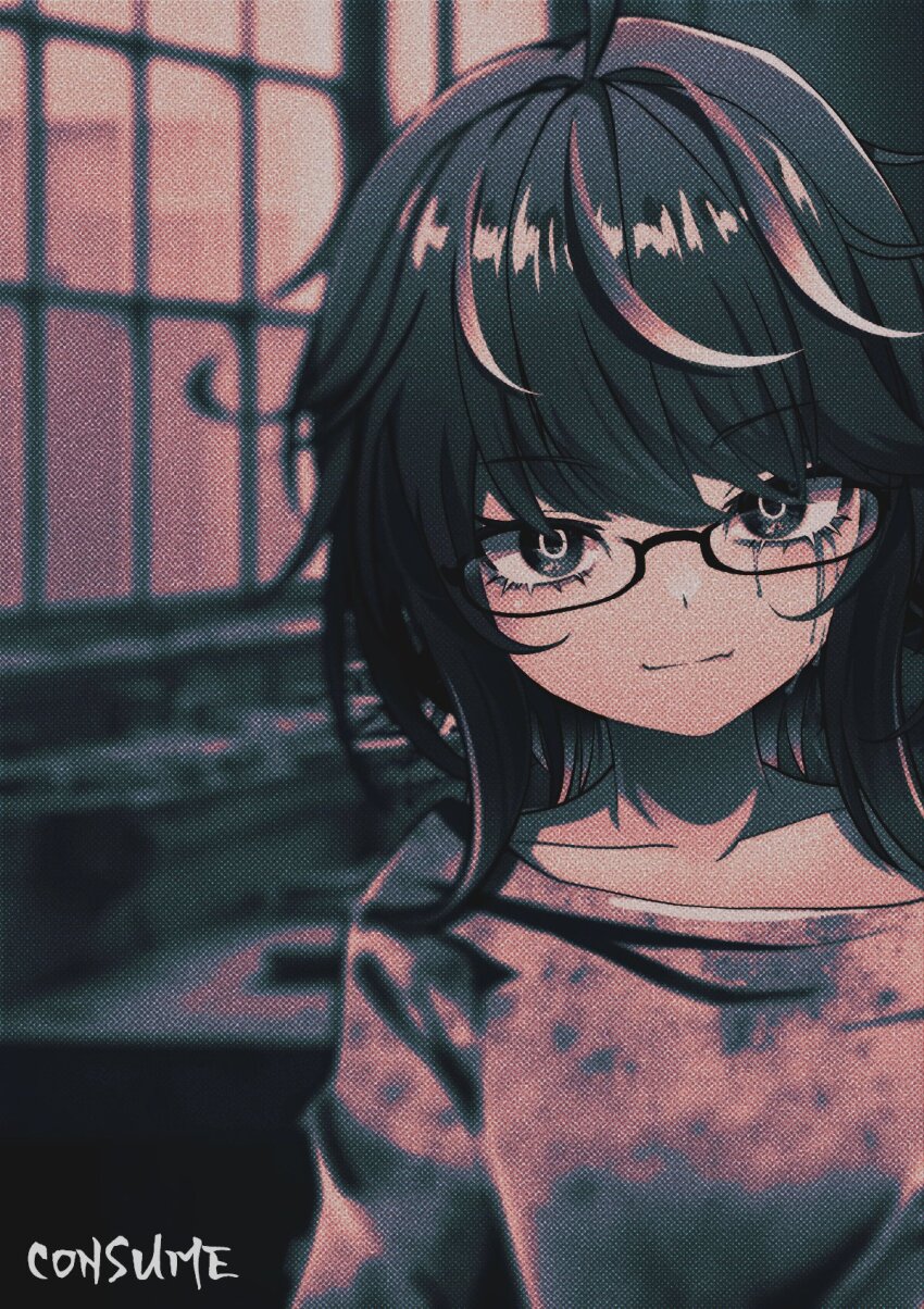 1girl, ahoge, black_eyes, black_hair, black_tears, blurry, blurry_background, closed_mouth