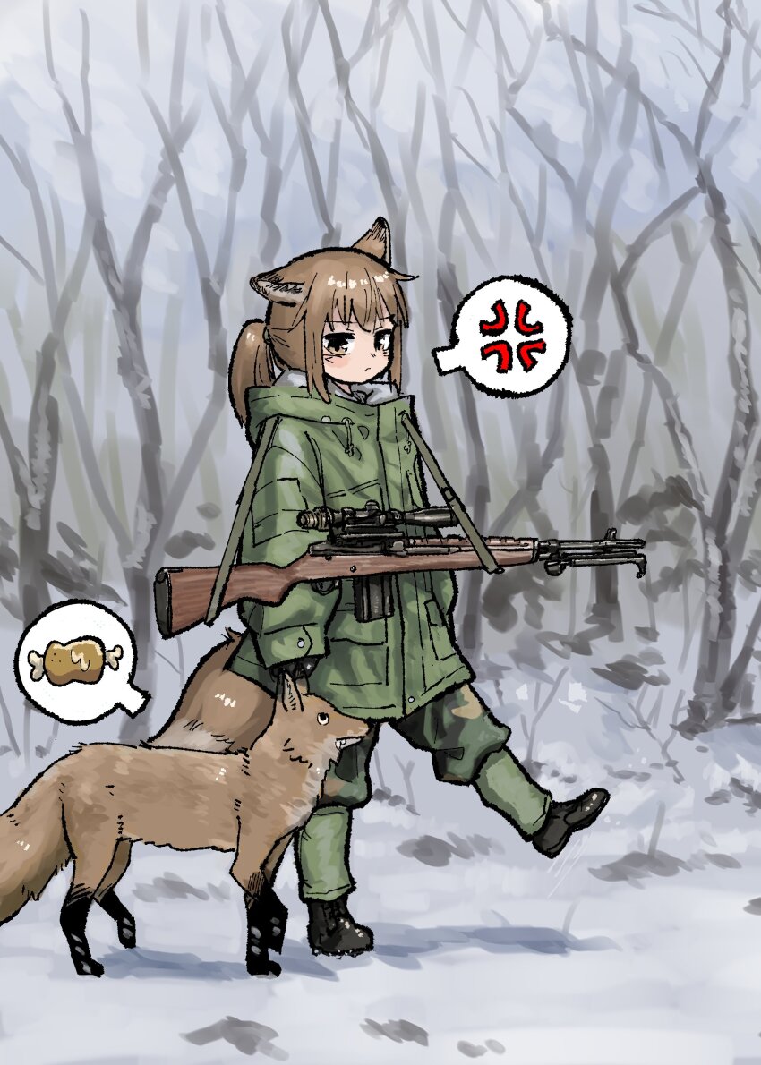 1girl, absurdres, anger_vein, animal_ears, boots, brown_eyes, brown_hair, forest, fox, fox_girl, fox_girl_(yihan1949), gun, highres, military_uniform, nature, original, ponytail, rifle, snow, walking, weapon, yihan_world