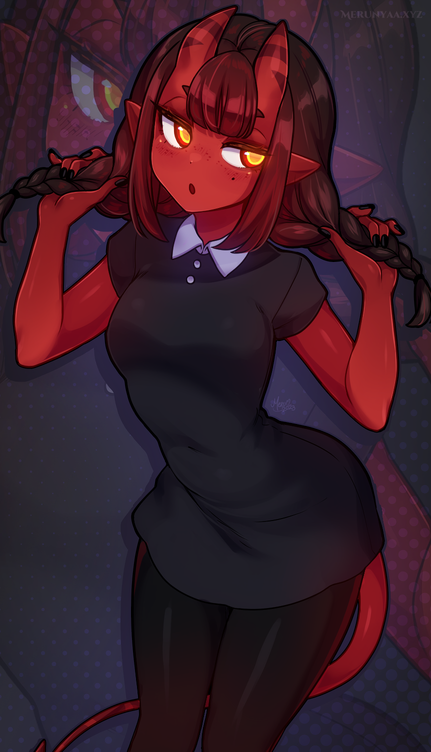 1girl, the_addams_family, black_hair, black_nails, blunt_bangs, braid, breasts, colored_skin, cosplay, demon_girl, demon_tail, facing_viewer, hair_between_horns, highres, horns, long_hair, looking_at_viewer, looking_to_the_side, medium_breasts, meruccubus_(merunyaa), merunyaa, mole, mole_under_eye, original, pointy_ears, red_skin, red_tail, skin-covered_horns, solo, tail, twin_braids, wednesday_(netflix), wednesday_addams, wednesday_addams_(cosplay), yellow_eyes, zoom_layer