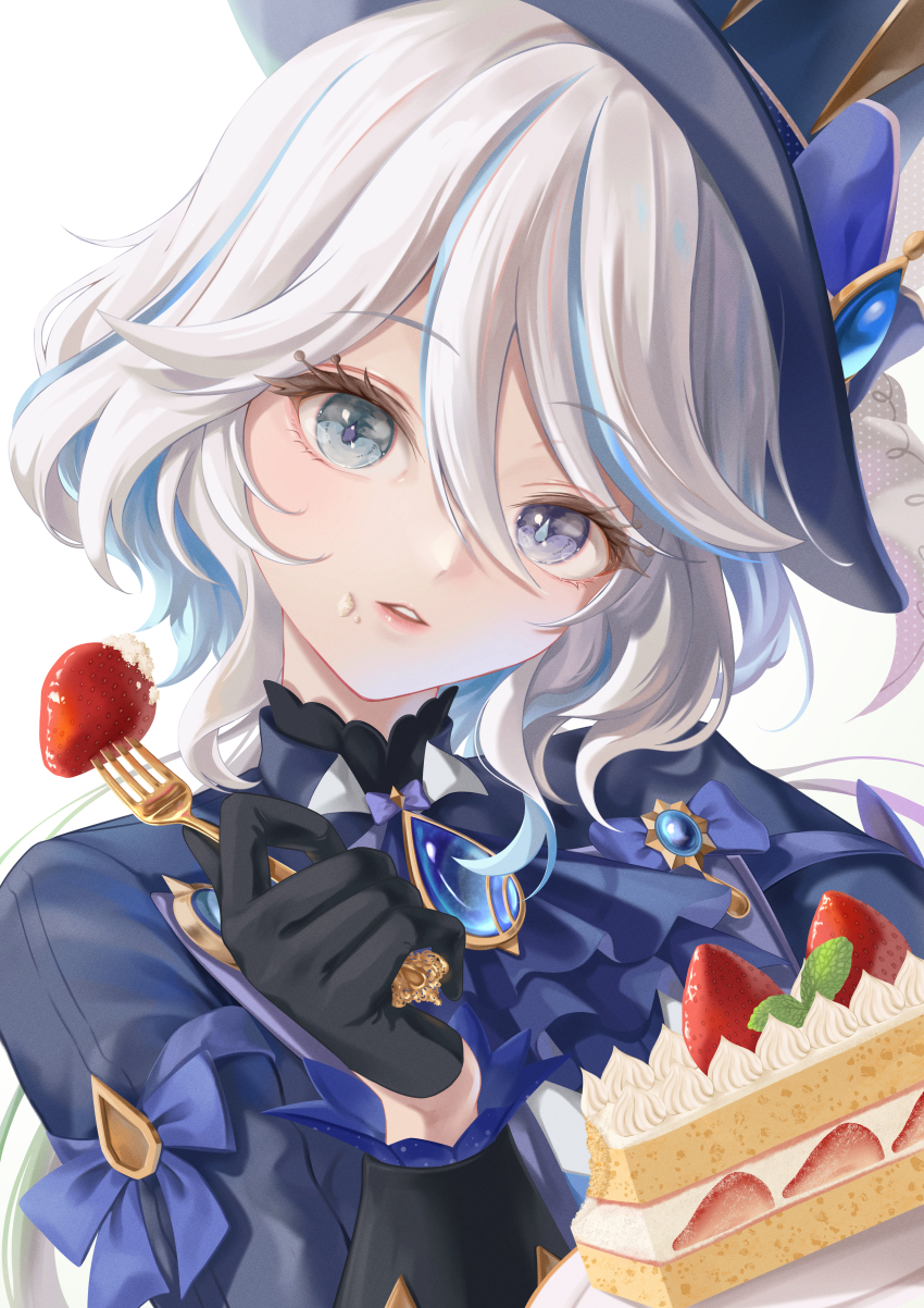1girl, absurdres, ascot, black_gloves, blue_ascot, blue_eyes, blue_hair, blue_hat, blue_jacket, brooch, cake, commentary, commentary_request, drop-shaped_pupils, english_commentary, food, food_on_face, fork, fruit, furina_(genshin_impact), genshin_impact, gloves, gold_fork, hair_between_eyes, hat, hat_ribbon, head_tilt, highres, holding, holding_fork, jacket, jewelry, kns_hanazuna, light_blue_hair, long_hair, long_sleeves, looking_at_viewer, mixed-language_commentary, multicolored_hair, parted_lips, plate, ribbon, simple_background, solo, strawberry, strawberry_shortcake, streaked_hair, symbol-shaped_pupils, top_hat, upper_body, white_background
