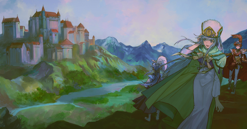 1girl, 2boys, alternate_costume, blue_hair, boots, brother_and_sister, brown_eyes, brown_hair, cape, castle, cousins, dress, fire_emblem, fire_emblem:_genealogy_of_the_holy_war, fire_emblem_heroes, grey_hair, hand_in_own_hair, hat, highres, imageprogram_(kent), julia_(fire_emblem), julia_(scion)_(fire_emblem), leif_(fire_emblem), leif_(scion)_(fire_emblem), mountain, multiple_boys, nintendo, official_alternate_costume, ponytail, purple_eyes, river, seliph_(fire_emblem), seliph_(scion)_(fire_emblem), siblings, smile