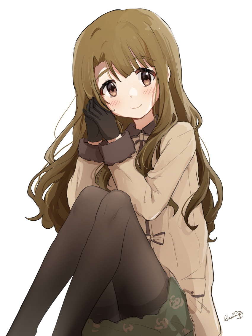 1girl, absurdres, black_gloves, black_pantyhose, blush, breasts, brown_coat, brown_eyes
