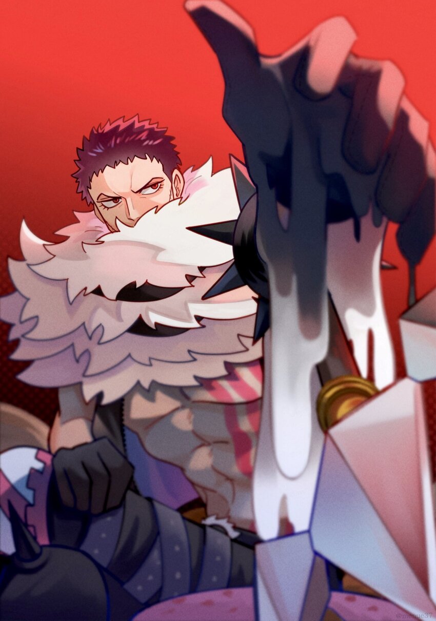 1boy, abs, bare_pectorals, black_gloves, bracelet, charlotte_katakuri, chest_tattoo, covered_mouth, cowboy_shot, food, gloves, highres, jewelry, male_focus, menue_mn, mochi, muscular, muscular_male, one_piece, open_clothes, open_vest, pants, pectorals, perspective, pink_eyes, pink_hair, red_background, scar, scar_on_face, scarf, short_hair, sitting, solo, spiked_bracelet, spikes, stitches, tattoo, vest, weapon