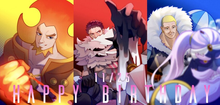 3boys, abs, bare_pectorals, beard, black_gloves, blonde_hair, blue_background, blue_eyes, bracelet, brothers, buzz_cut, cape, charlotte_daifuku, charlotte_katakuri, charlotte_oven, chest_tattoo, covered_mouth, earrings, english_text, facial_hair, forked_eyebrows, fur_collar, genie, gloves, glowing_fist, happy_birthday, highres, hot, impossible_hair, jewelry, looking_to_the_side, male_focus, mature_male, menue_mn, multiple_boys, muscular, muscular_male, one_piece, open_clothes, open_vest, orange_hair, pants, pectorals, pencil_as_mustache, pink_eyes, pink_hair, scar, scar_on_face, scarf, short_hair, shoulder_pads, siblings, smile, spiked_bracelet, spikes, stitches, tattoo, thick_eyebrows, triplets, turban, upper_body, very_short_hair, vest, yellow_background