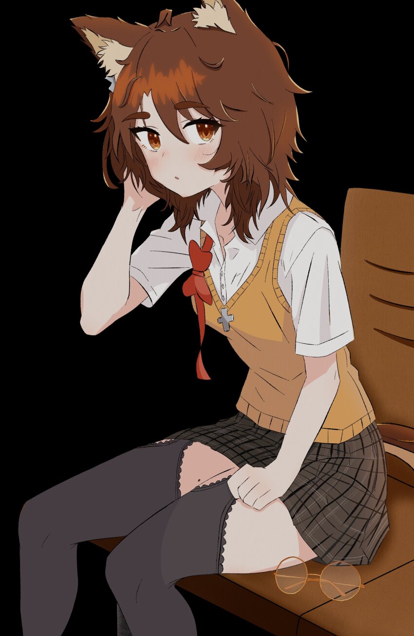 1girl, absurdres, ahoge, animal_ear_fluff, animal_ears, black_background, black_thighhighs, blush