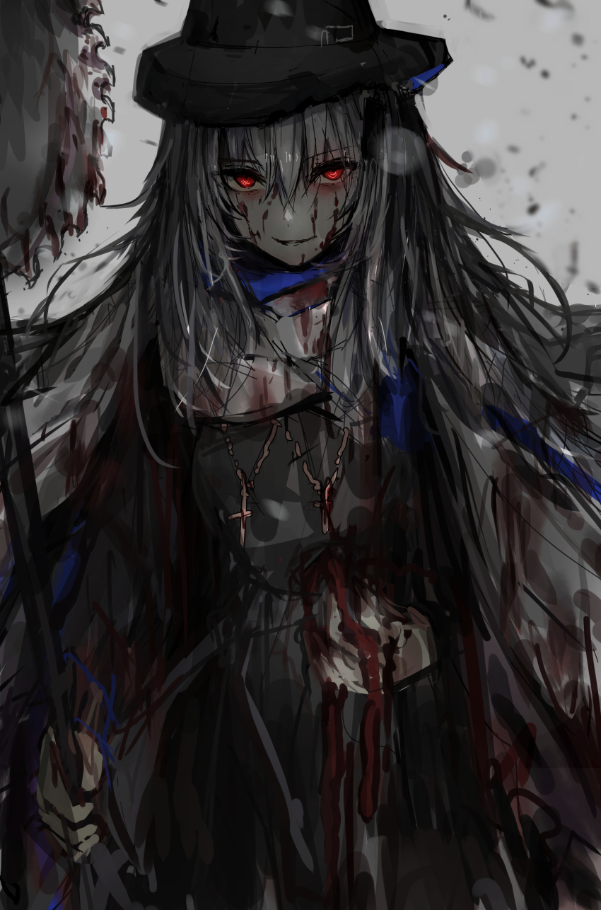 1girl, absurdres, arknights, backlighting, black_dress, black_hat, bleeding, blood, blood_in_hair, blood_on_clothes, blood_on_face, blood_on_hands, bloody_weapon, blue_blood, capotain, chuhaibane, circular_saw, clear_sky, cloak, closed_mouth, commentary_request, cowboy_shot, crazy_eyes, cross, cross_necklace, day, dress, glowing, glowing_eyes, grey_background, grey_hair, grey_sky, hair_between_eyes, hand_on_own_stomach, hand_up, hat, highres, holding, holding_weapon, injury, jewelry, latin_cross, light_smile, long_hair, long_sleeves, looking_at_viewer, necklace, official_alternate_costume, outdoors, pale_skin, red_eyes, saw, shade, shadow, sky, solo, specter_(arknights), specter_(undercurrent)_(arknights), standing, straight-on, sunlight, weapon, white_cloak