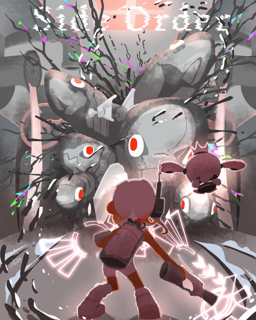 2girls, agent_8_(splatoon), bodysuit, commentary_request, copyright_name, crown, drone, fish