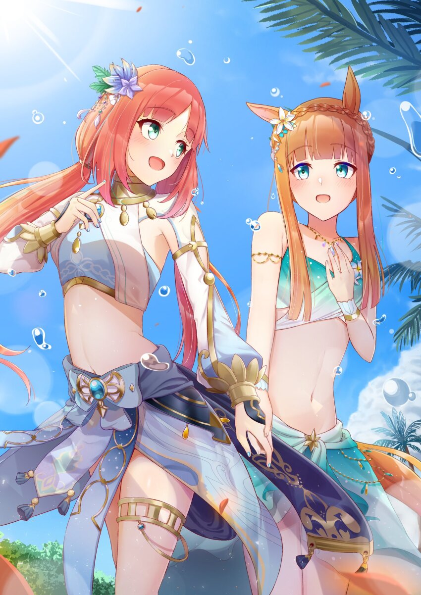 2girls, abish, alternate_costume, alternate_hairstyle, animal_ears, blue_eyes, braid, breasts, bubble, cloud, cosplay, crown_braid, flower, genshin_impact, hair_flower, hair_ornament, hand_on_own_chest, highres, holding_hands, horse_ears, horse_girl, jewelry, long_hair, look-alike, low_twintails, medium_breasts, multiple_girls, navel, necklace, nilou_(genshin_impact), open_mouth, orange_hair, palm_tree, ribbon, silence_suzuka_(emerald_on_the_waves)_(umamusume), silence_suzuka_(umamusume), sky, tree, twintails, umamusume