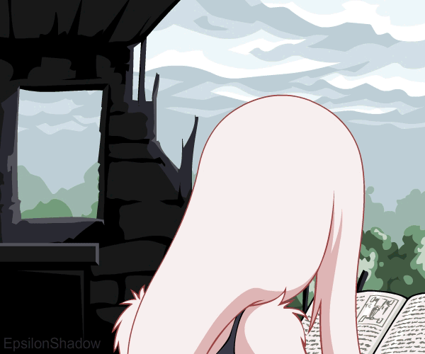 animated, animated_gif, black_camisole, book, broken_glass, camisole, closed_mouth, cloud