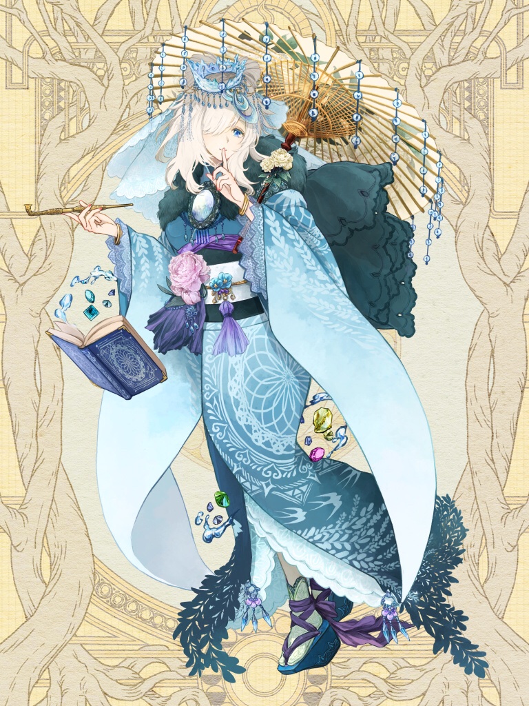 1girl, angora_hamasaki, ankle_ribbon, blue_eyes, blue_footwear, blue_gem, blue_kimono, book
