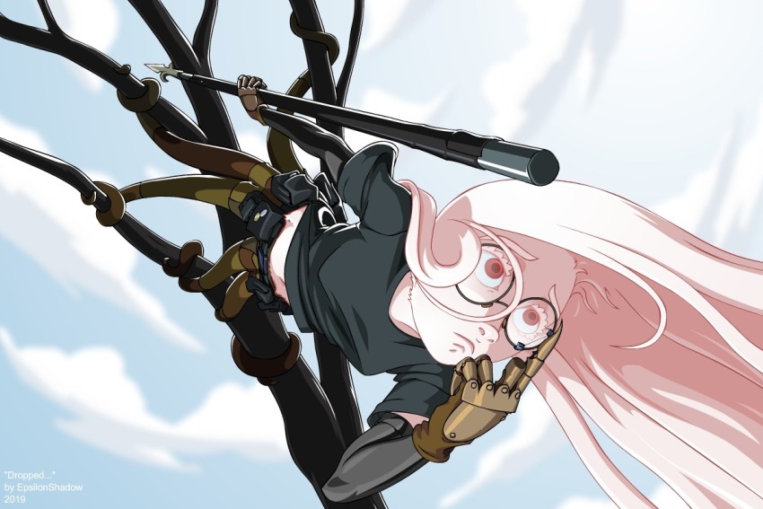 1girl, 2019, ammunition_pouch, artist_name, bare_tree, black_shirt, branch, breasts