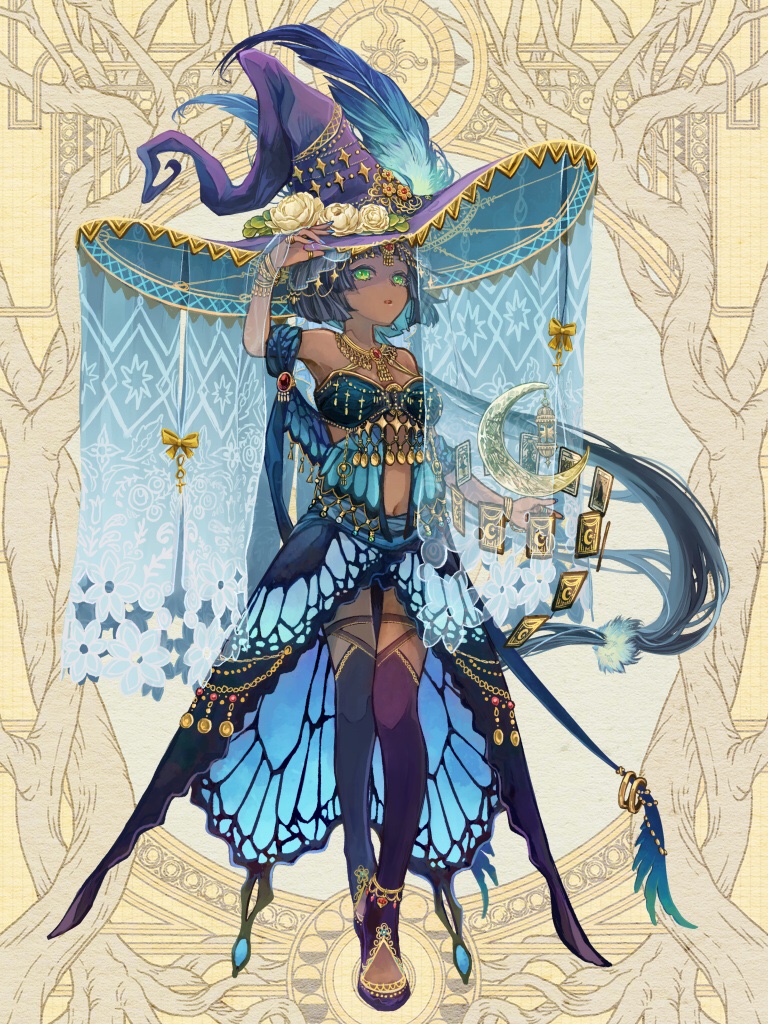 1girl, angora_hamasaki, animal_print, anklet, bandeau, bare_shoulders, black_boots, black_hair, blue_bandeau, blue_hair, blue_nails, blue_shawl, blue_skirt, blunt_bangs, blunt_ends, boots, bracelet, breasts, butterfly_print, circlet, clothing_cutout, crescent, dairoku_ryouhei, dark-skinned_female, dark_blue_hair, dark_skin, floating_card, flower, full_body, gold_necklace, gold_trim, green_eyes, hair_ornament, hand_on_headwear, hat, hat_feather, hat_flower, head_chain, high-low_skirt, jewelry, long_hair, looking_at_viewer, low-tied_long_hair, medium_breasts, midriff, multiple_rings, nail_polish, necklace, oversized_hat, parted_lips, pom_pom_(clothes), pom_pom_hair_ornament, purple_hat, ring, rose, shawl, skirt, solo, standing, thigh_boots, veil, white_flower, white_rose, witch_hat, yellow_background