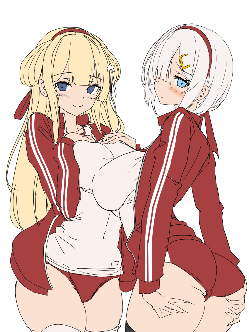 2girls, :d, absurdres, ass, black_thighhighs, blonde_hair, blue_eyes, blush