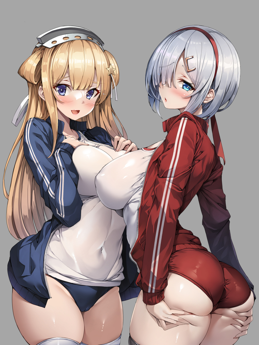 2girls, :d, absurdres, ass, black_thighhighs, blonde_hair, blue_buruma, blue_eyes, blue_jacket, blush, breast_press, breasts, buruma, commentary_request, covered_erect_nipples, covered_navel, fletcher_(kancolle), fletcher_mk_ii_(kancolle), grabbing_own_ass, grey_background, grey_eyes, grey_hair, gym_shirt, gym_uniform, hair_ornament, hair_over_one_eye, hair_ribbon, hairband, hamakaze_(kancolle), highres, jacket, kantai_collection, large_breasts, long_hair, looking_at_viewer, medium_breasts, multiple_girls, open_mouth, parted_lips, red_jacket, ribbon, shirt, short_hair, simple_background, smile, standing, star_(symbol), star_hair_ornament, thighhighs, thighs, torisan, white_shirt, white_thighhighs