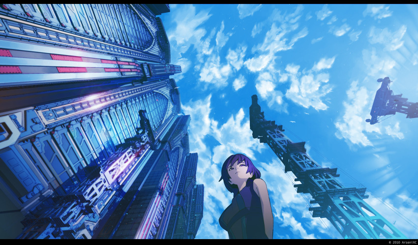 1girl, arsenixc, bird, building, citadel, cloud, day, female_focus, foreshortening, from_below, highres, isle_of_winds, letterboxed, purple_eyes, purple_hair, scenery, short_hair, sky, solo, yumi_(isle_of_winds)