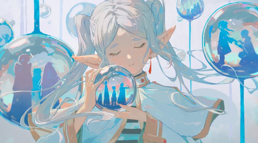 1girl, absurdres, capelet, closed_eyes, earrings, eisen_(sousou_no_frieren), elf, fern_(sousou_no_frieren)