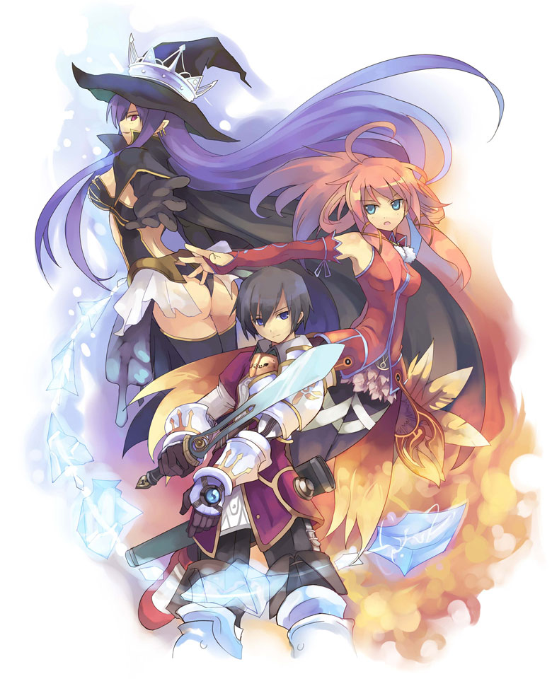 1boy, 2girls, ahoge, althea_(luminous_arc), armor, bare_shoulders, black_hair, blue_eyes, blue_hair, breasts, cape, crown, detached_sleeves, earrings, fatima_(luminous_arc), hat, holding, holding_sword, holding_weapon, jewelry, long_hair, luminous_arc, luminous_arc_2, medium_breasts, multiple_girls, official_art, pink_hair, pointy_ears, purple_eyes, roland_(luminous_arc), sword, third-party_source, weapon, white_crown, witch, witch_hat