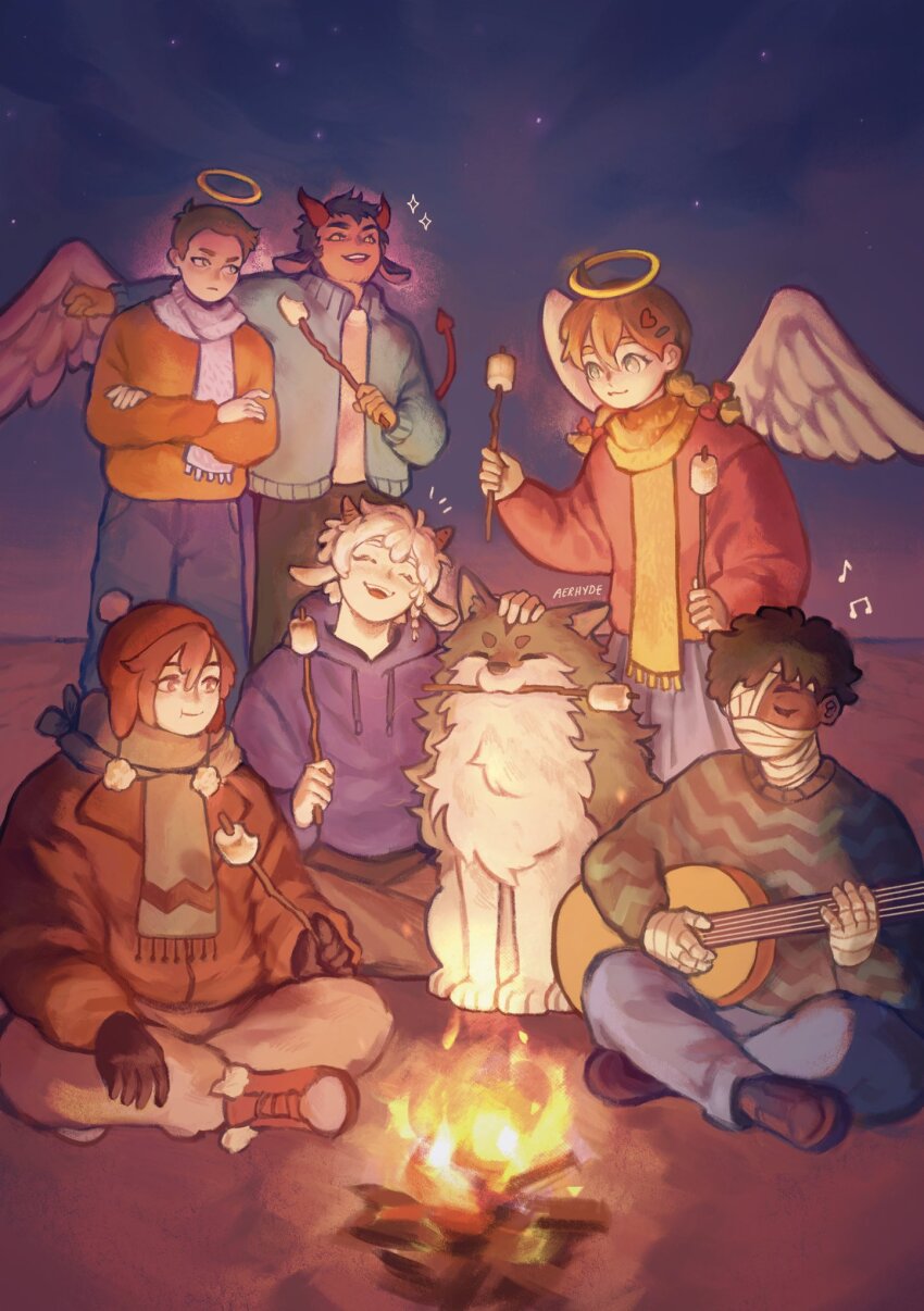 1girl, 6+boys, abu_(all_saints_street), aerhyde, all_saints_street, angel_wings, animal_ears, aqua_sweater