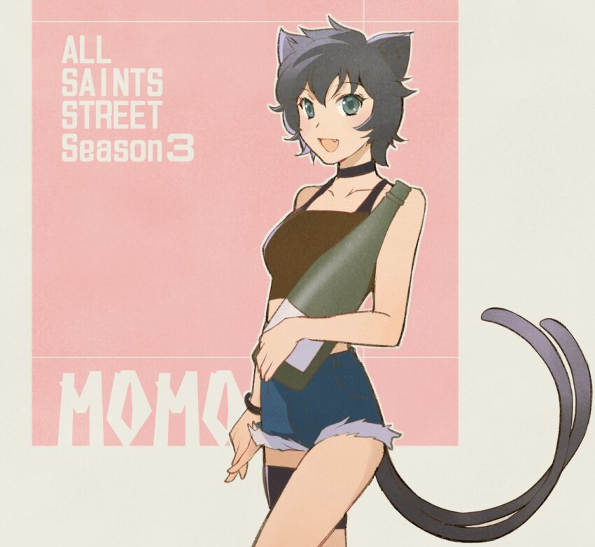 1girl, all_saints_street, animal_ears, black_camisole, black_choker, black_hair, blue_shorts, bottle