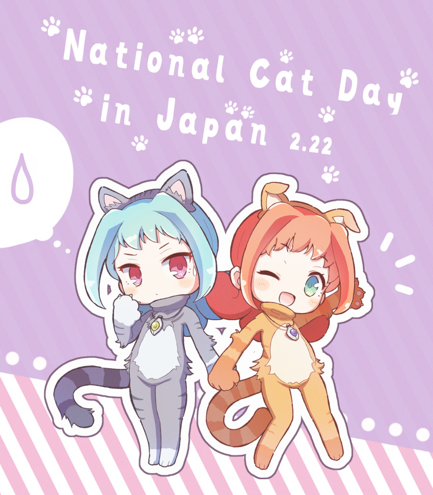 2girls, ally_(puyopuyo), animal_costume, blue_eyes, blue_hair, border, brown_hair, cat_costume