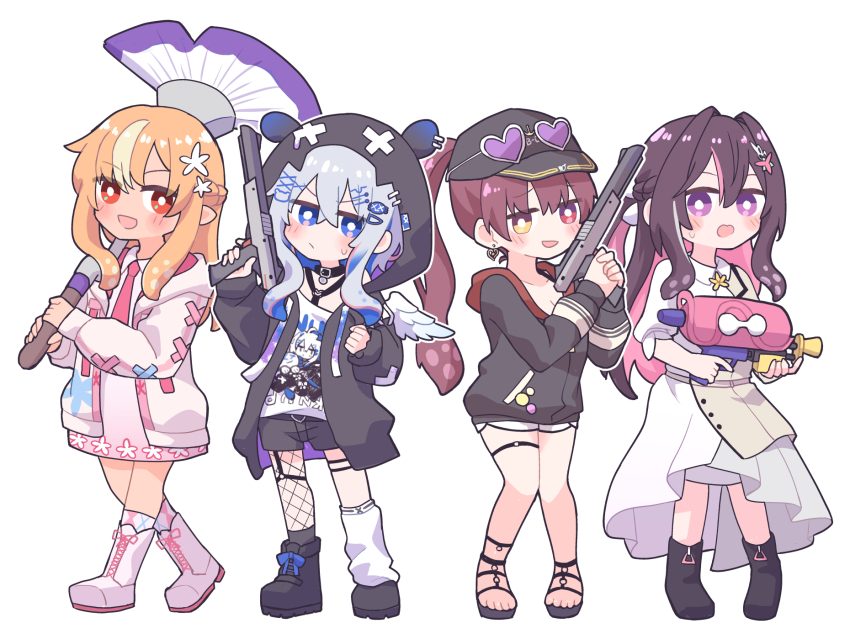4girls, amane_kanata, amane_kanata_(cutesy_punk), angel, angel_wings, azki_(4th_costume)_(hololive), azki_(hololive), baseball_cap, black_footwear, black_headwear, black_jacket, blonde_hair, blue_hair, boots, brown_hair, colored_inner_hair, commentary_request, earrings, eyewear_on_head, flower, gold_earrings, grey_shorts, gun, hair_flower, hair_ornament, hat, heart, heart-shaped_eyewear, heart_earrings, highres, hitsuji_nata, holding, holding_gun, holding_weapon, hololive, hood, hood_up, houshou_marine, houshou_marine_(summer), jacket, jewelry, long_hair, looking_at_viewer, multicolored_hair, multiple_girls, n-zap_(splatoon), nintendo, o-ring, o-ring_thigh_strap, official_alternate_costume, open_mouth, painbrush_(splatoon), pink_hair, ponytail, purple_eyes, red_eyes, red_hair, red_jacket, shiranui_flare, shiranui_flare_(hoodie), short_shorts, shorts, single_earring, single_fishnet_legwear, smile, splatoon_(series), splatoon_3, splattershot_(splatoon), streaked_hair, sunglasses, tentacle_hair, thigh_strap, two-sided_fabric, two-sided_jacket, virtual_youtuber, weapon, white_footwear, white_hair, wings, yellow_eyes