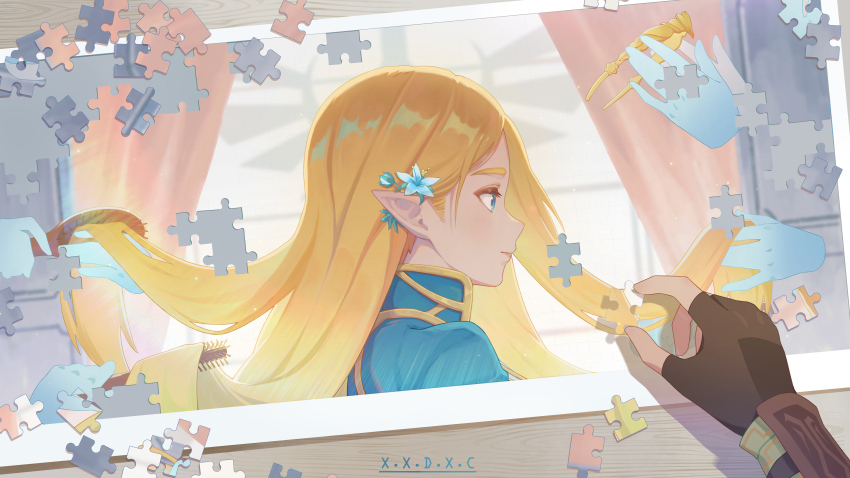 absurdres, arm_guards, artist_name, blue_eyes, brushing_another's_hair, brushing_hair, closed_mouth, comb