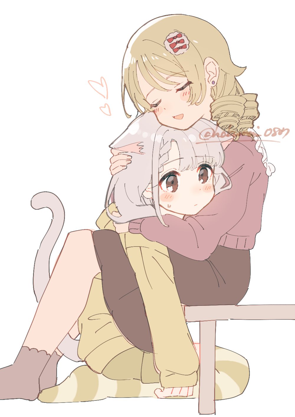 2girls, animal_ears, asymmetrical_bangs, blush, braid, braided_bangs, cat_ears, cat_tail, closed_eyes, drill_hair, earrings, grey_hair, hand_on_another's_head, heart, highres, hisakawa_nagi, hug, idolmaster, idolmaster_cinderella_girls, jewelry, kemonomimi_mode, kneeling, light_brown_hair, morikubo_nono, multiple_girls, raru_buran, simple_background, sitting, smile, striped_clothes, striped_thighhighs, stud_earrings, sweatdrop, tail, thighhighs, twitter_username, yuri