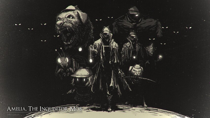 antennae, antique_firearm, artist_name, baloolax, black_sclera, bloodborne, blunderbuss, bubba_(watson_amelia)