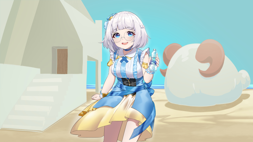 1girl, absurdres, alia_adelia, arm_garter, beach, blue_choker, blue_eyes, bottle