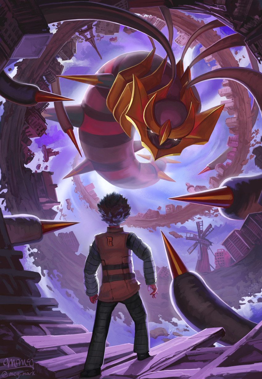 blue_hair, building, clenched_hand, cyrus_(pokemon), distortion_world, facing_away, gen_4_pokemon, giratina, giratina_(origin), glowing, glowing_eyes, highres, horns, house, legendary_pokemon, long_sleeves, mcgmark, nintendo, pants, pokemon, pokemon_diamond/pearl/platinum, pokemon_platinum, rock, rooftop, spiked_hair, spikes, spiral, standing, team_galactic, team_galactic_logo, white_eyes, windmill