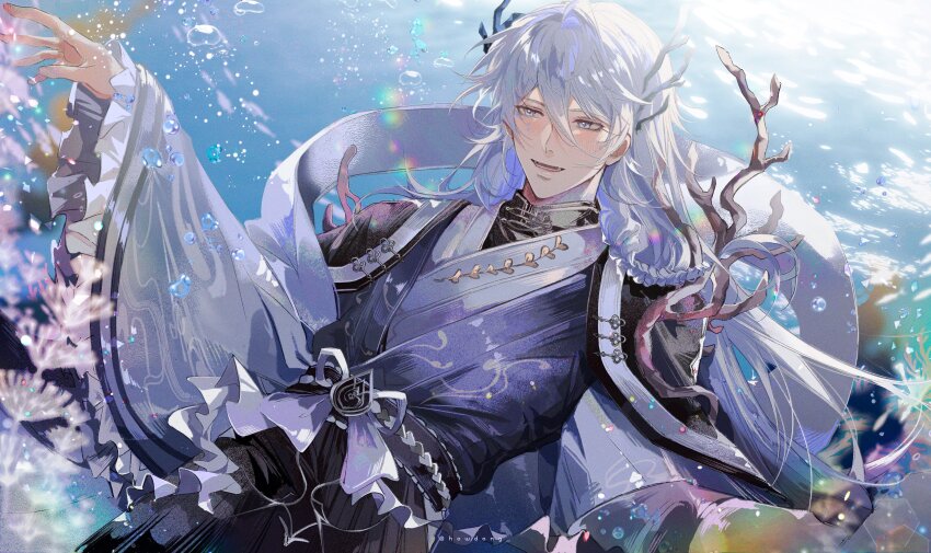 1boy, :d, absurdres, air_bubble, aruna_shuun, black_cape, black_hakama, black_sash, black_shirt, braid, bubble, cape, caustics, commentary, coral, coral_hair_ornament, cowboy_shot, english_commentary, frilled_sleeves, frills, grey_hair, grey_vest, hair_ornament, hakama, hand_up, highres, howdong, japanese_clothes, kimono, long_hair, long_sleeves, looking_at_viewer, male_focus, mole, mole_under_eye, multiple_moles, open_mouth, pixela_destiny, pixela_project, purple_eyes, sash, scale_print, shawl, shirt, side_braid, smile, solo, underwater, vest, virtual_youtuber, white_kimono, white_shawl, wide_sleeves