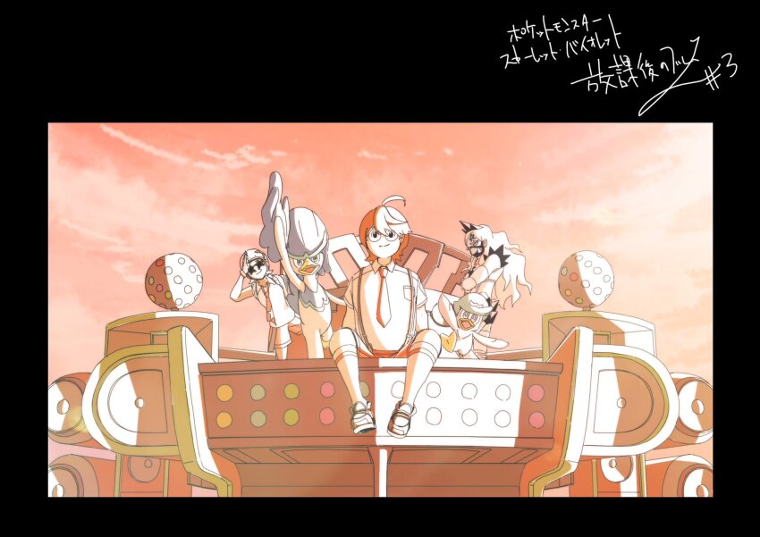 1boy, 2girls, ahoge, carmen_(pokemon), crossed_arms, detached_sleeves, eri_(pokemon), facepaint