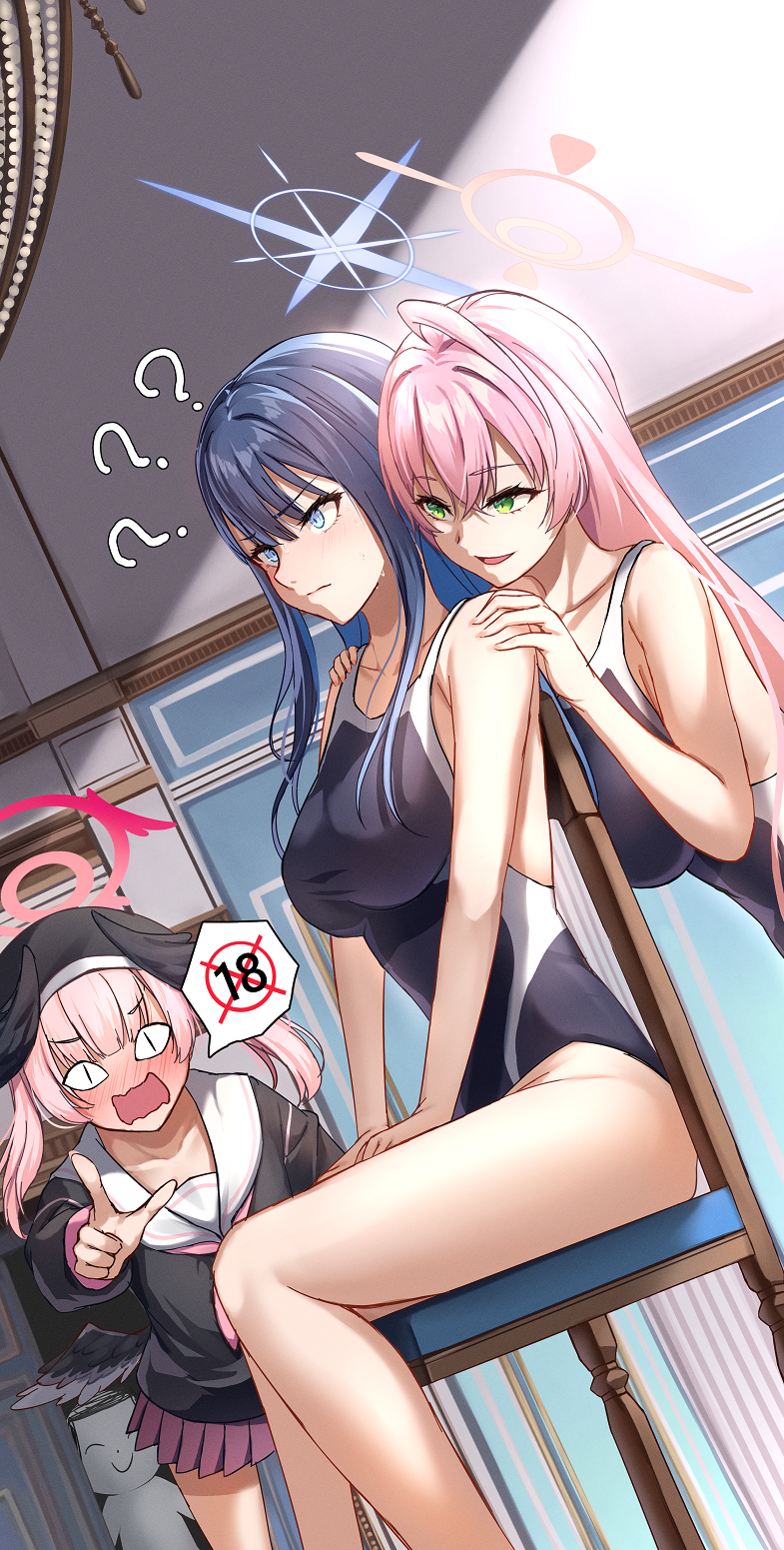 <|>_<|>, 1boy, 3girls, ?, ahoge, bare_arms, bare_legs, bare_shoulders