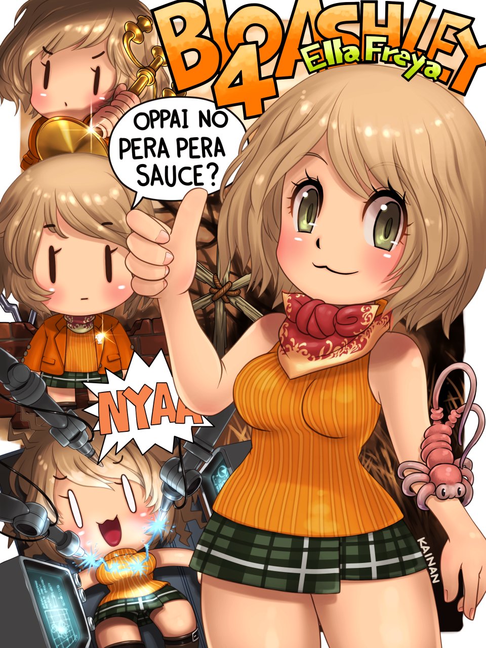 1girl, ashley_graham, bare_shoulders, blush, breasts, chibi, electricity, green_eyes