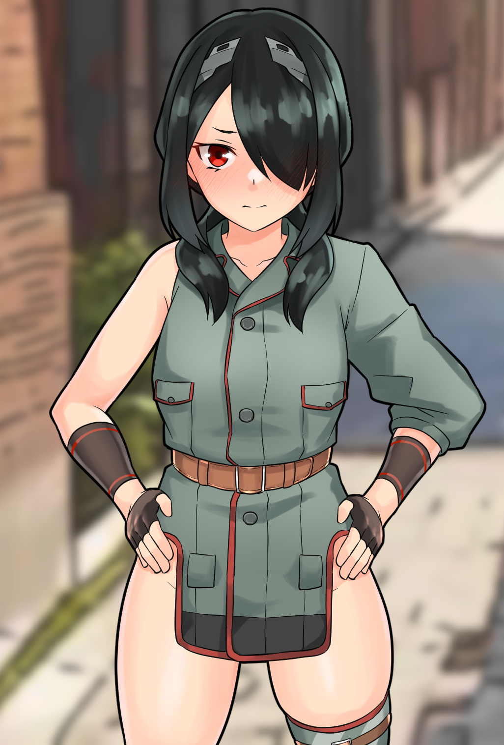 1girl, asymmetrical_sleeves, belt, black_gloves, black_hair, blurry, blurry_background, brown_belt