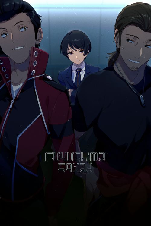 1girl, 2boys, black_hair, black_jacket, black_necktie, black_shirt, brown_hair, clothes_around_waist