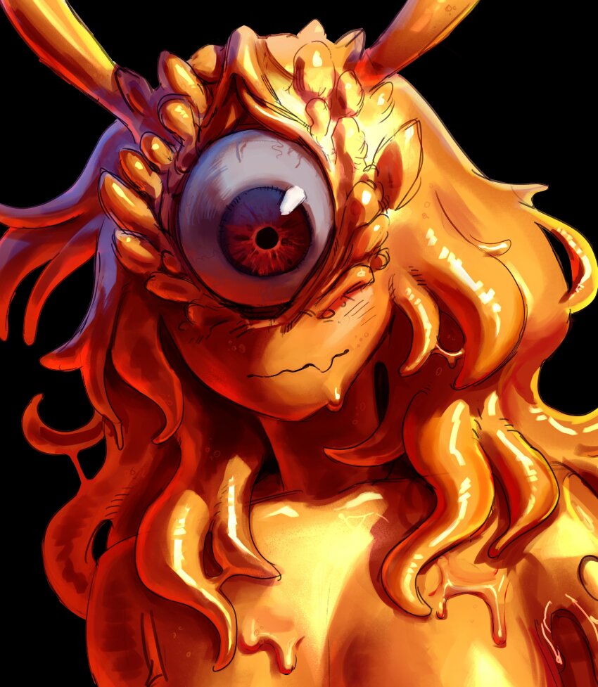 1girl, absurdres, colored_skin, commentary, commission, cyclops, english_commentary, extra_teeth