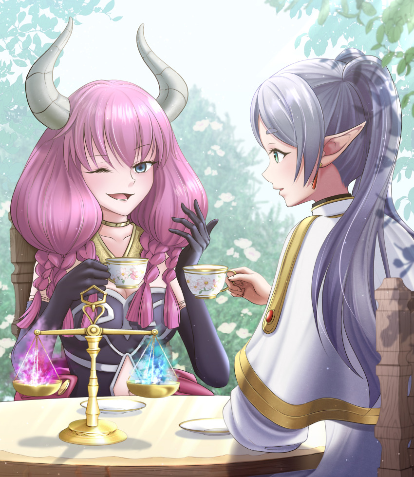 1girl, 2girls, ;d, absurdres, aura_(sousou_no_frieren), balance_scale, black_corset, black_gloves, blue_eyes, braid, capelet, chair, clothing_cutout, commentary, commission, corset, cup, demon_girl, demon_horns, earrings, elbow_gloves, elf, floating_earrings, flower, frieren, garden, gloves, gold_choker, gold_necklace, gold_trim, green_eyes, grey_hair, highres, holding, holding_cup, horns, jacket, jewelry, kepekki_kanojo, long_hair, looking_at_another, low-braided_long_hair, low-tied_long_hair, multiple_braids, multiple_girls, navel_cutout, necklace, on_chair, one_eye_closed, open_mouth, outdoors, parted_bangs, pixiv_commission, plant, plate, pointy_ears, purple_hair, round_table, short_eyebrows, sitting, smile, sousou_no_frieren, table, tea_party, teacup, twintails, weighing_scale, white_capelet, white_jacket