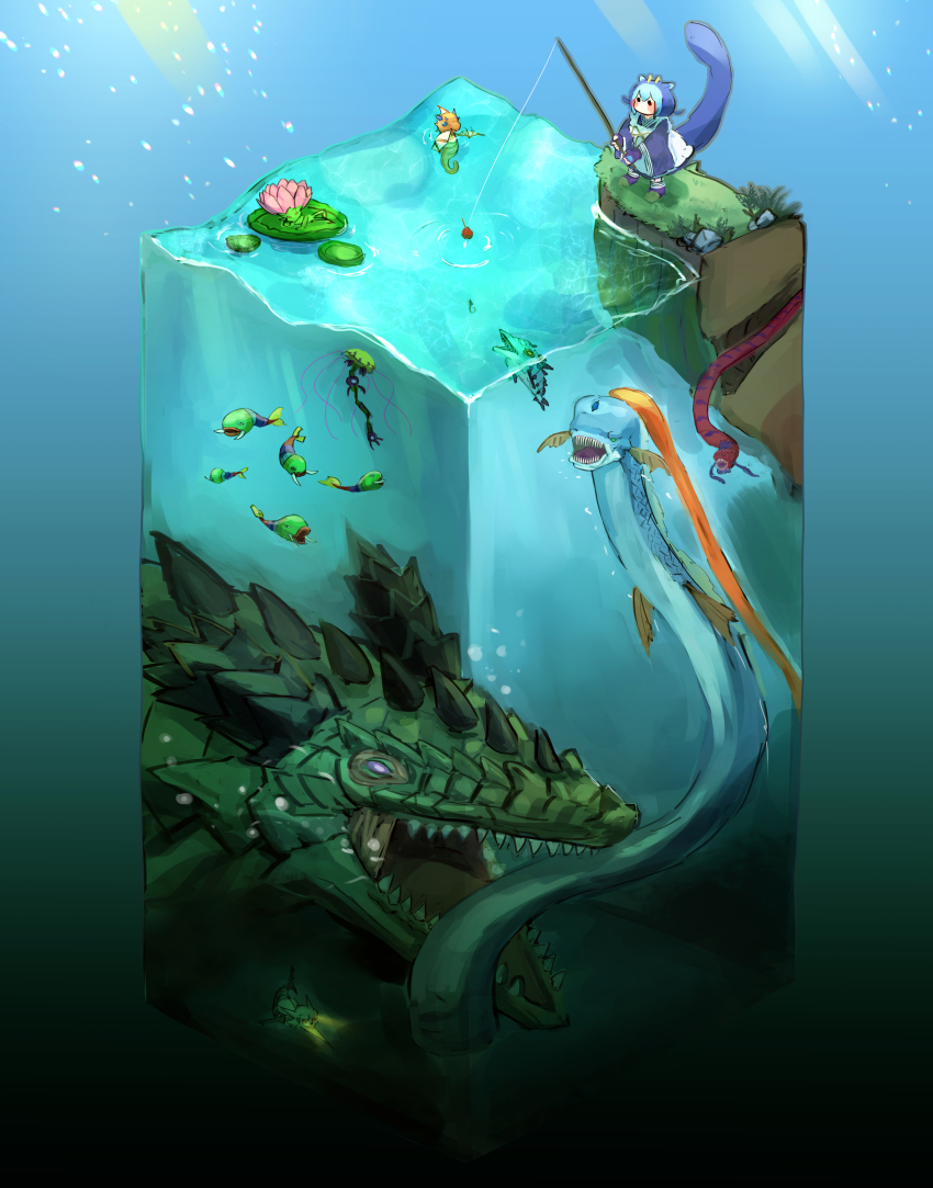 1girl, 7_colored_fish, absurdres, abyssal_kingshark, apron, blue_hair, character_request, cross-section, divine_dragon_aquabizarre, dragon_girl, dragon_horns, dragon_tail, duel_monster, eel, fish, fishing, full_body, giant_red_seasnake_(yu-gi-oh!), gloves, gluttonous_reptolphin_greethys, hatano_kiyoshi, highres, horns, japanese_clothes, jellyfish, laundry_dragonmaid, lily_pad, long_sleeves, maid, maid_apron, monster, multicolored_hair, ravenous_crocodragon_archethys, samsara_lotus, sea_monster, sea_serpent, short_hair, silent_sea_nettle, tail, tatsunoko_(yu-gi-oh!), underwater, wa_maid, yellow_eyes, yu-gi-oh!