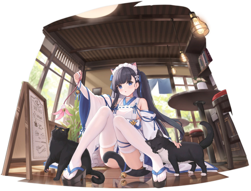 1girl, :o, allenes, animal, animal_ear_fluff, animal_ears, apron, arm_up, ass, azur_lane, bare_shoulders, bell, between_legs, black_border, black_cat, black_hair, black_sandals, blue_eyes, blue_ribbon, blue_skirt, blunt_bangs, blush, book, bookshelf, border, bow, breasts, cat, cat_ears, cat_girl, cat_tail, ceiling_light, chair, convenient_censoring, convenient_leg, day, detached_sleeves, extra_ears, feet, frilled_skirt, frills, hair_ornament, hair_ribbon, hatsuharu_(azur_lane), hatsuharu_(hatsuharu's_cat_cafe_caper)_(azur_lane), highres, holding, indoors, japanese_clothes, jingle_bell, kimono, knees_together_feet_apart, knees_up, lamp, long_hair, long_sleeves, looking_at_viewer, maid, maid_headdress, medium_breasts, nontraditional_miko, official_alternate_costume, official_art, open_mouth, parted_lips, petting, plant, platform_sandals, pleated_skirt, potted_plant, ribbon, ribbon-trimmed_sleeves, ribbon_trim, sandals, shelf, sideboob, sitting, skirt, solo, table, tail, tail_bell, convenient_tail, tail_ornament, thighhighs, thighs, two_side_up, very_long_hair, wa_maid, white_sleeves, white_thighhighs, wide_sleeves, window, wooden_floor, zouri