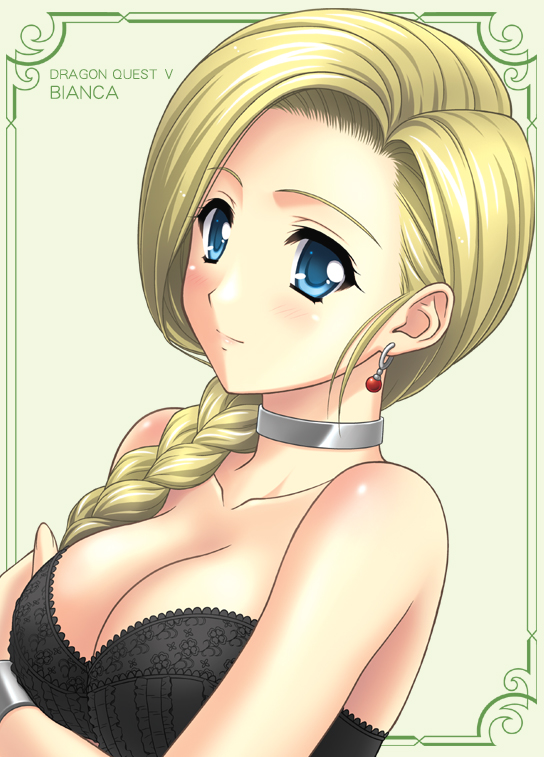 1girl, bianca_(dq5), blonde_hair, blue_eyes, blush, bra, bracelet, braid, breast_hold, breasts, choker, cleavage, dragon_quest, dragon_quest_v, earrings, female_focus, framed, hair_over_shoulder, jewelry, large_breasts, lingerie, long_hair, nakajima_akihiko, single_braid, solo, strapless, strapless_bra, underwear, wristband